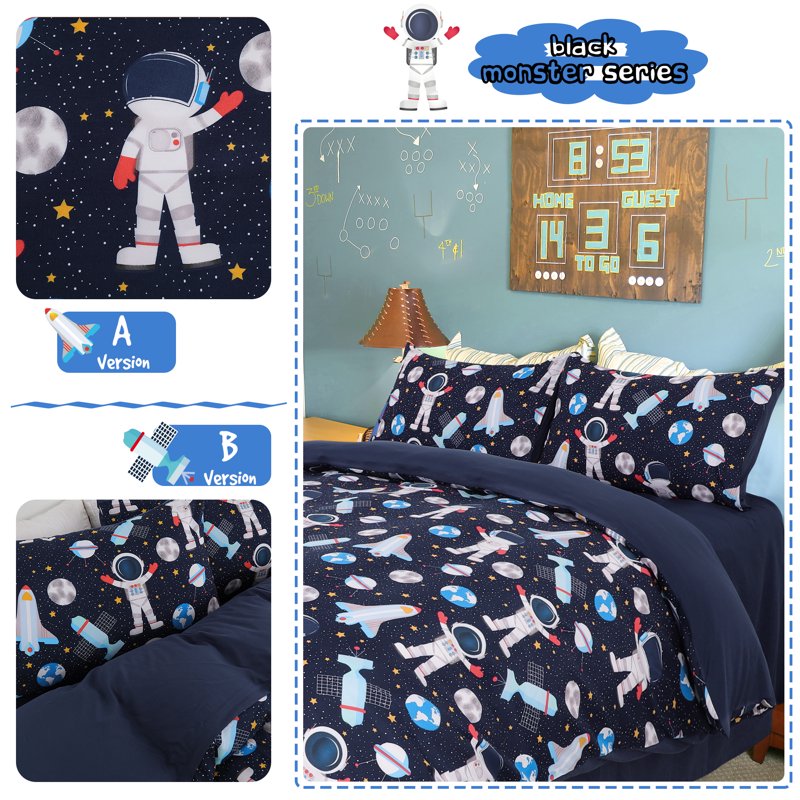 Kids Duvet Cover Bedding Set Queen Size - Astronaut Rocket Pattern, Breathable Microfiber