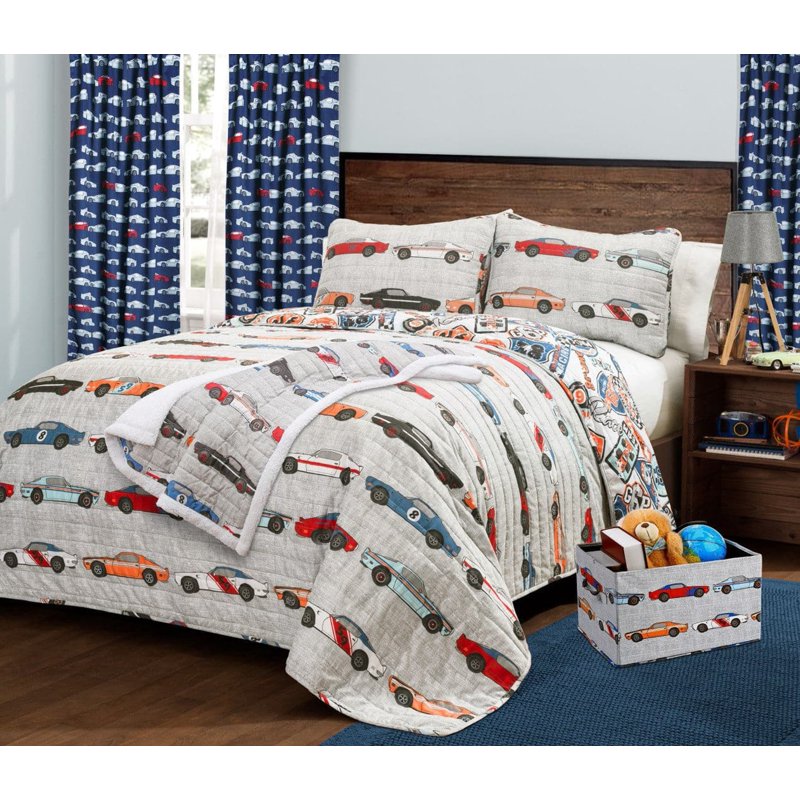 Kids Race Cars Throw Blanket - Reversible Sherpa Plush 60x50 Inches