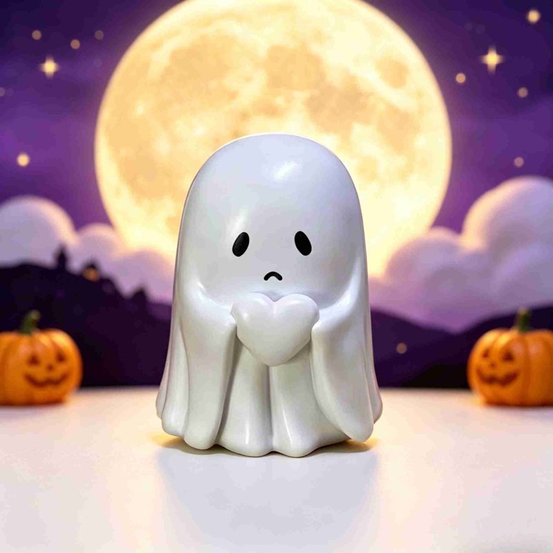 Cute Halloween Ghost Figurine Holding Heart - Handmade Spooky Decor E