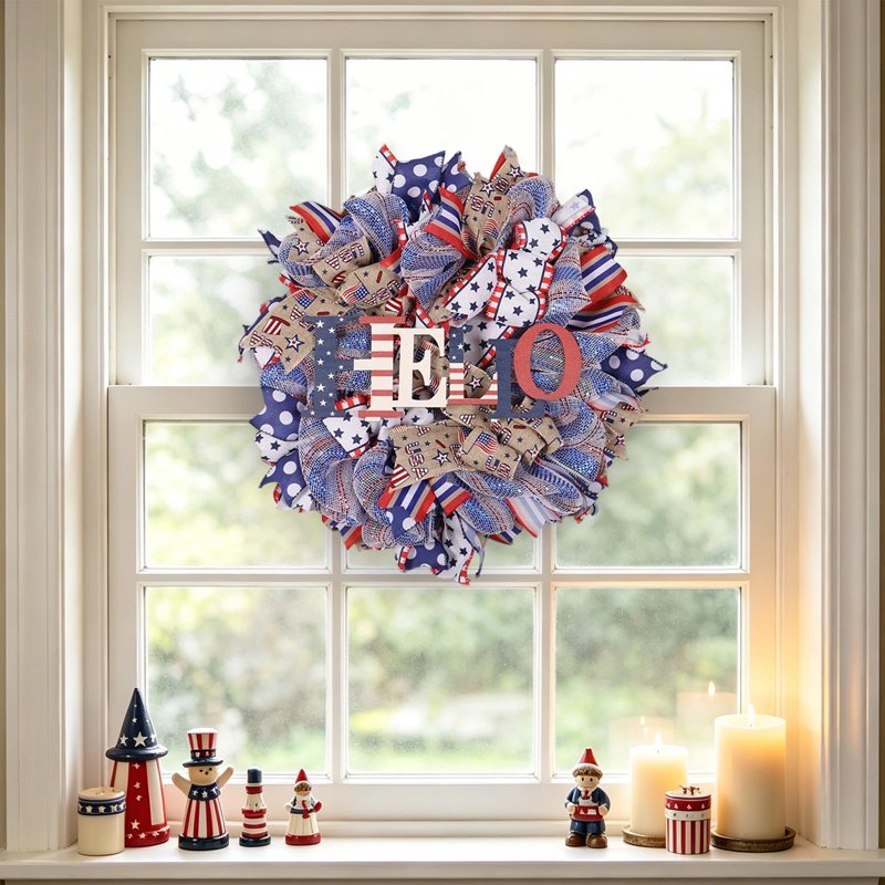 Patriotic Wreath for Front Door - Independence Day Artificial Decor - Variation 0H