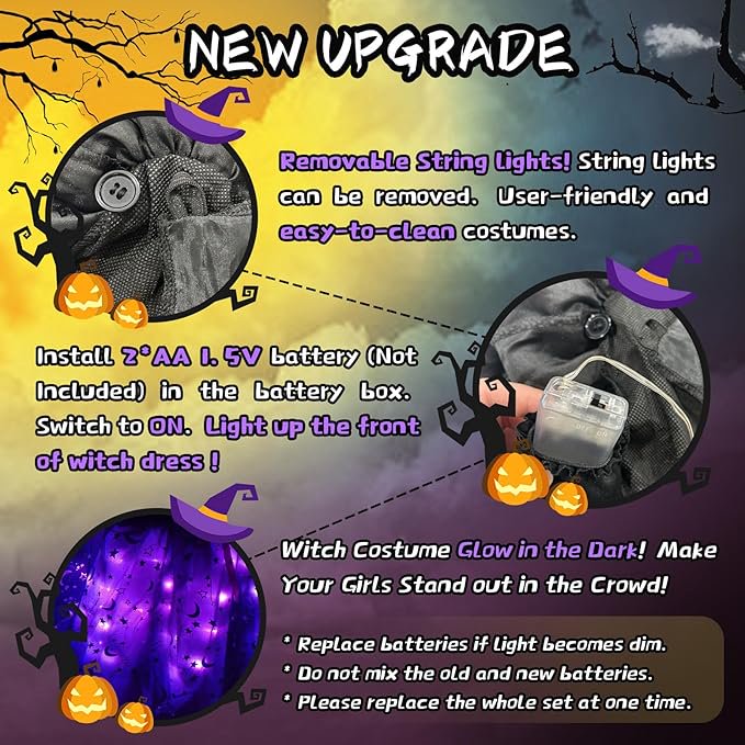 Girls Light-Up Witch Costume with LED Dress, Hat & Broom Set - Medium (8-10Y)