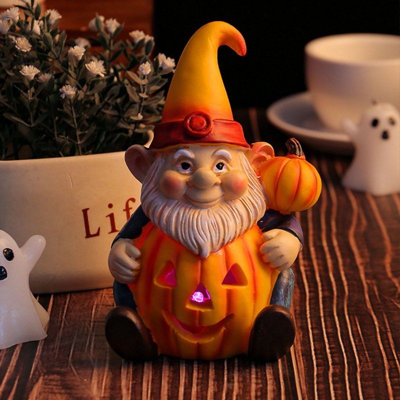 Luminous Halloween Pumpkin Gnome Ornament - Resin Garden Statue with Old Man Design - Variation #354B