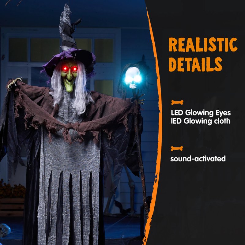 Halloween Witch Decoration - 59 Inch Animated Talking Hanging Witch with Skeleton Wand for Outdoor & Indoor Halloween Decor - Variation: Witch