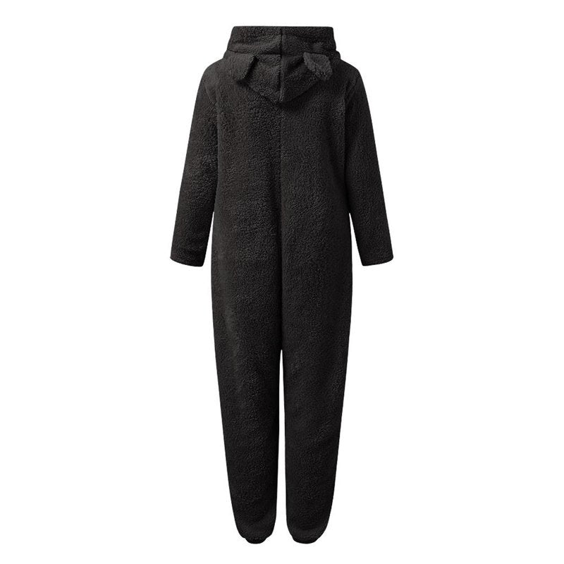 Women’s Sherpa Fleece Jumpsuit with Cat Hood, Black XL Winter Pajamas