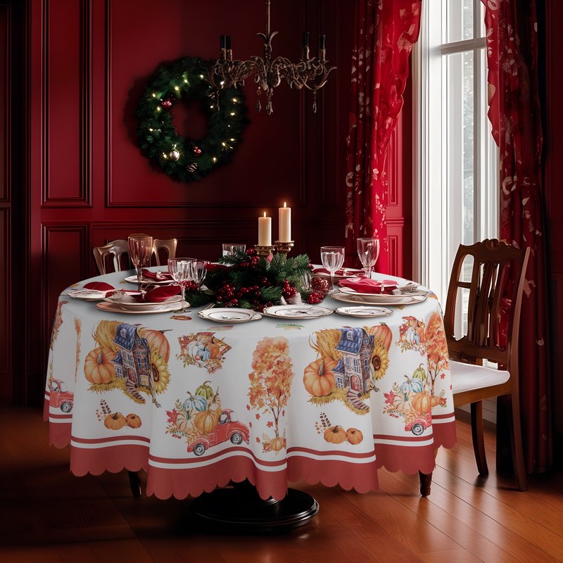 Christmas Tablecloth 60 Inch Round - Heavy Duty Polyester, Yellow & Red
