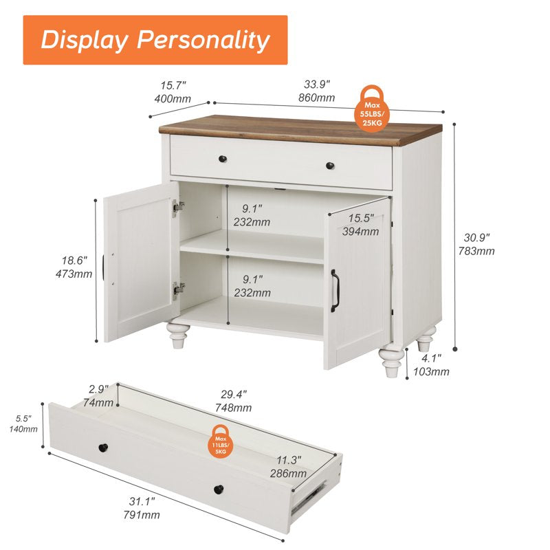 Modern Farmhouse Buffet Cabinet with 2 Doors & 1 Drawer - White, 34 Inch