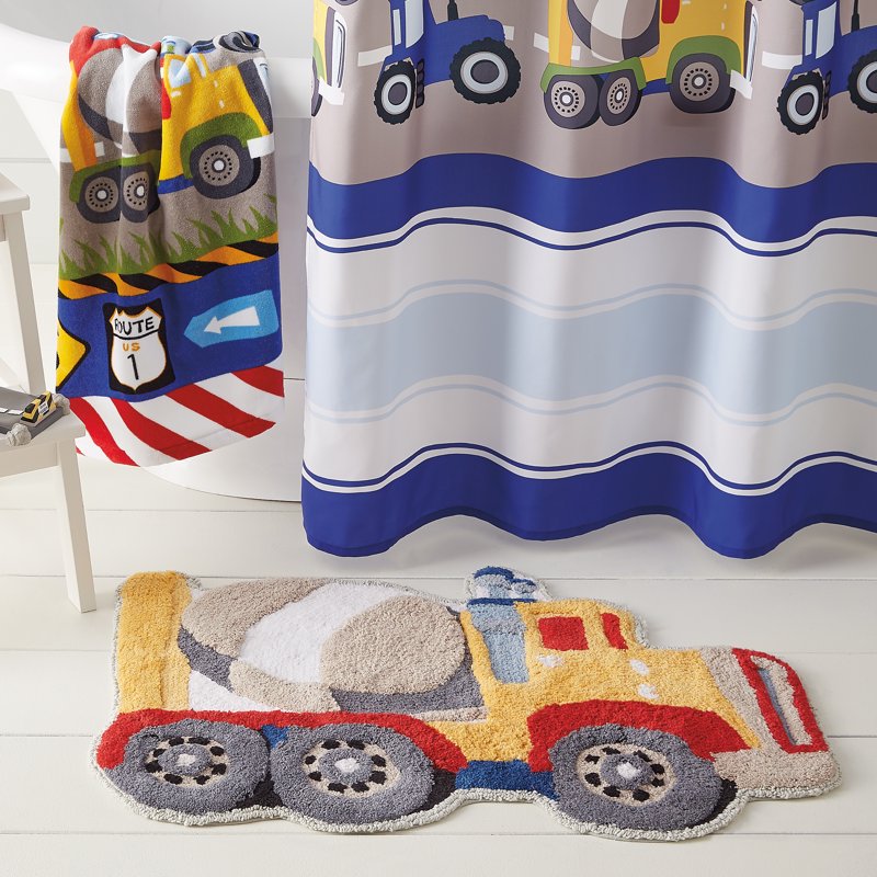 Children's Embroidery Bath Rug with Trains and Trucks - Cotton, Yellow, 20x30 Inches