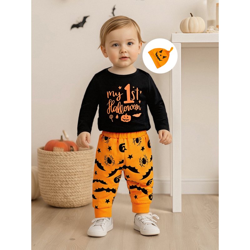 Baby Boy First Halloween Outfit 3-Piece Set Orange 12-18 Months Letter Print Romper Hat Pants