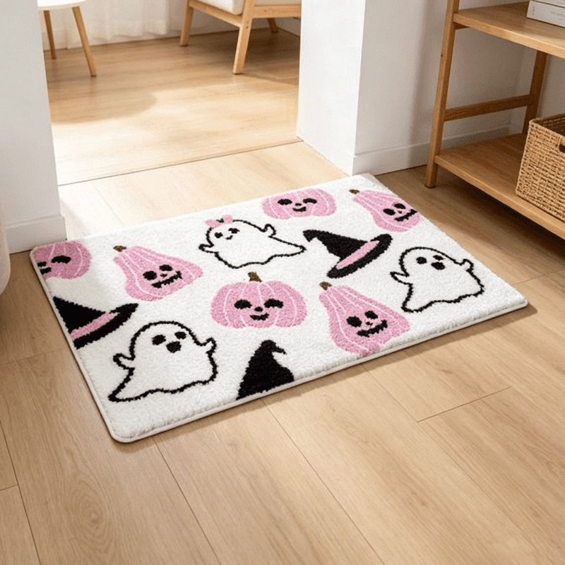 Halloween Ghost Bathroom Doormat with Pumpkin & Wizard Hat - Pink 23.6x15.7in, Soft Absorbent Rug by OVFUIZ - Variation 07