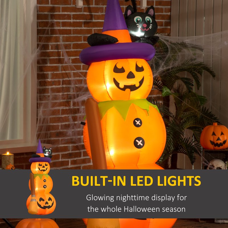 Inflatable Halloween Pumpkin Man with Black Cat and Broom - Orange Variation