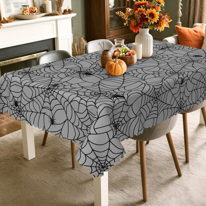 Halloween Gray Spider Web Tablecloth - 60x102 Inches Holiday Dining Decor