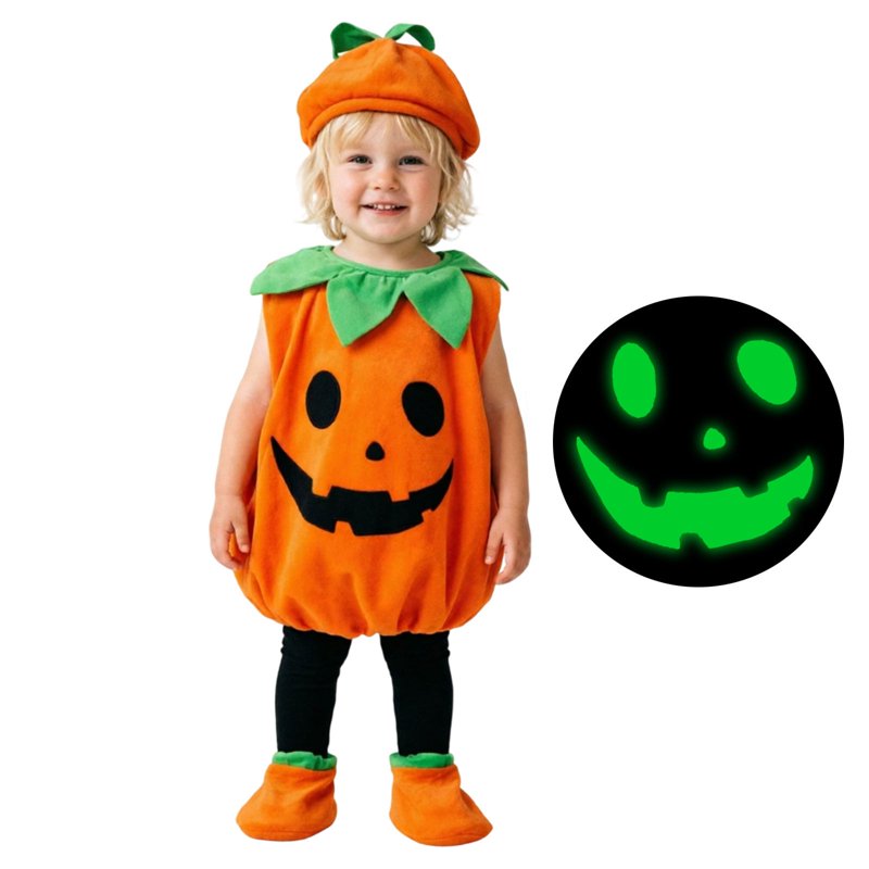 Kids Halloween Pumpkin Costume Set - Glow in the Dark 3-Piece for 8-9 Years J22-Orange