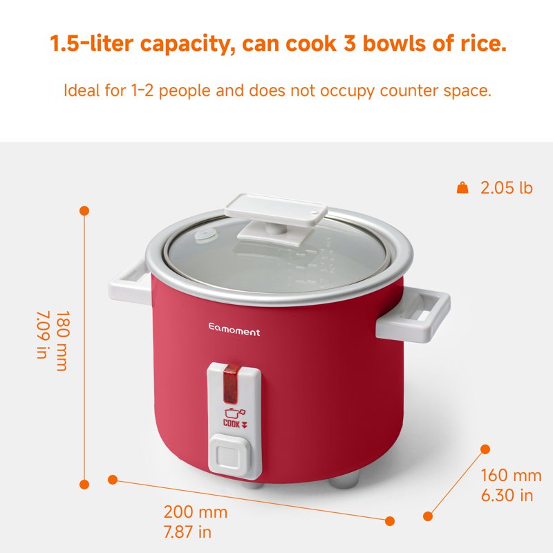 1.5 Quart Mini Rice Cooker with Non-Stick Insert - Red