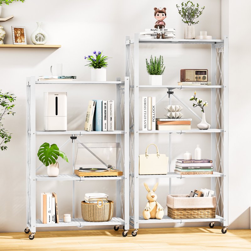 White 4-Tier Foldable Metal Storage Shelf with Wheels - Heavy-Duty Organizer