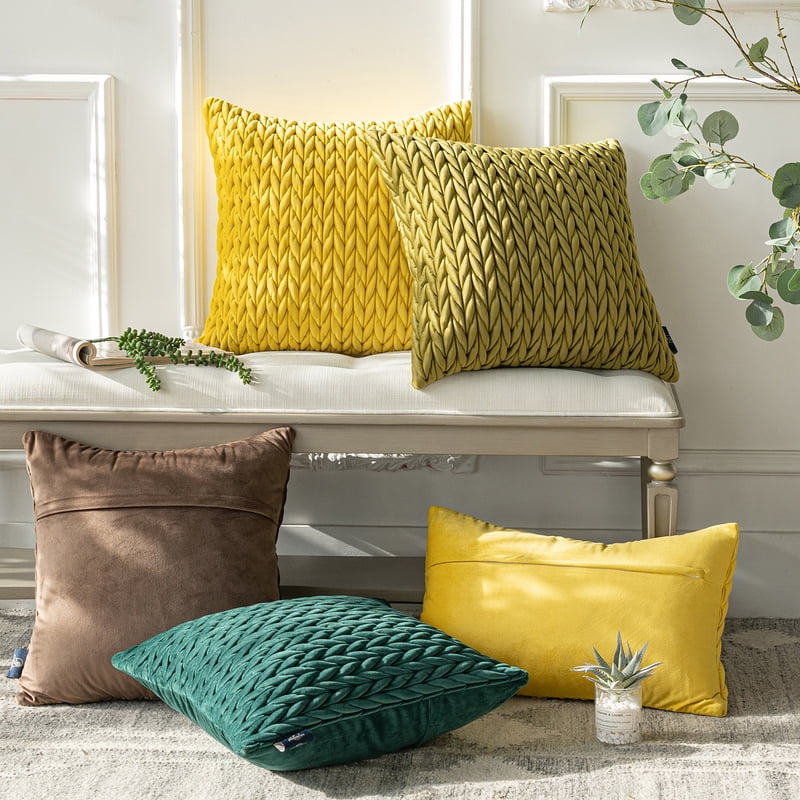 20x12 Inch Yellow Chevron Velvet Throw Pillow Set - Modern Polyester Cushion