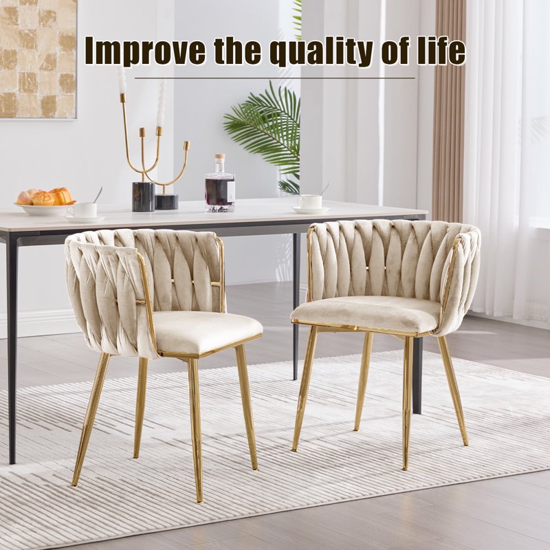 Velvet Dining Chairs Set of 2 - Beige with Metal Legs