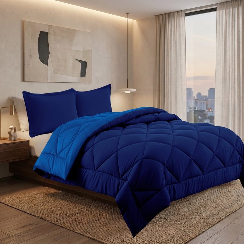 Twin/Twin-XL Luxury Power Comforter Set Navy/Aqua Reversible Microfiber