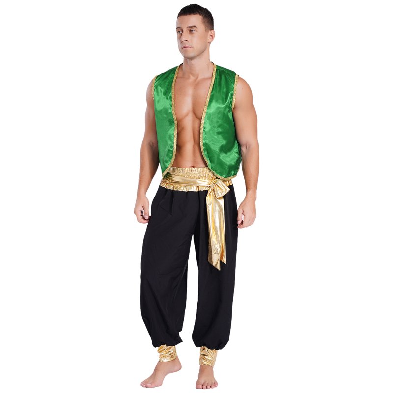 Men's Arabian Prince Costume Set - Green & Black, Size L - Harem Pants & Vest