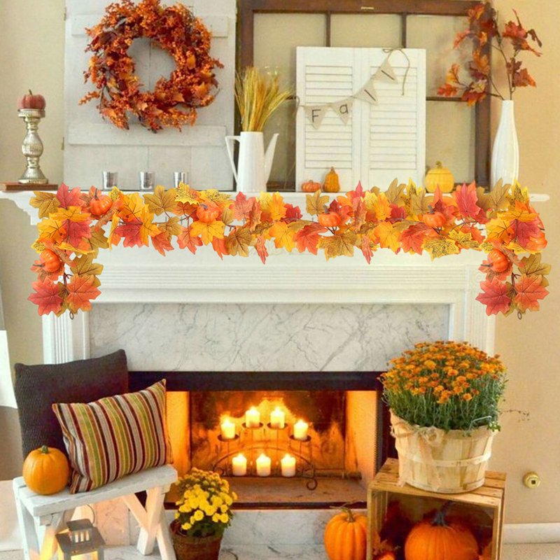 Fall Maple Leaf and Rattan Garland for Halloween & Thanksgiving - Orange, Variation #04