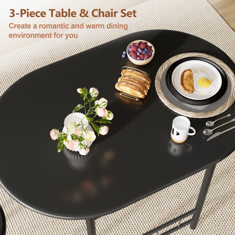 Black 3-Piece Dining Table Set with Space-Saving Chairs