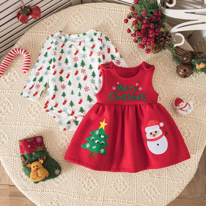 Baby Girl First Christmas Outfit Set - White Ruffle Romper & Suspender Dress 9-12 Months