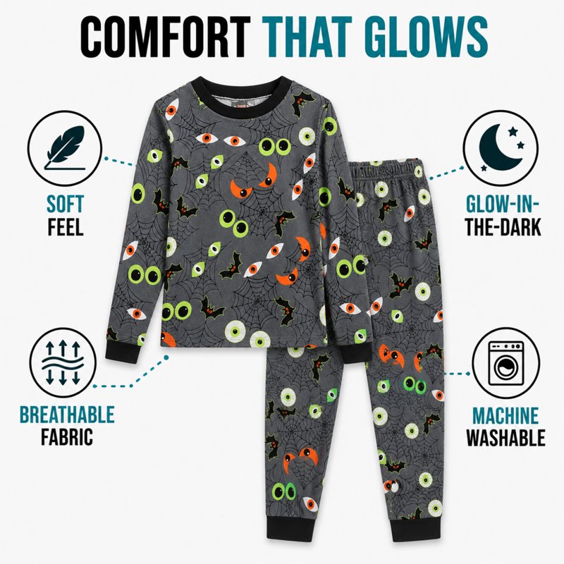 Charcoal Spooky Boys Pajama Set - Halloween Glow-In-The-Dark 2-Piece Sleepwear (2T-12, Long Sleeve)