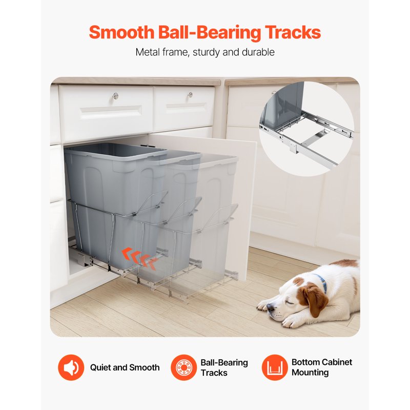Pull-Out Trash Can - 35QT Under-Sink Waste Bin with Metal Slides