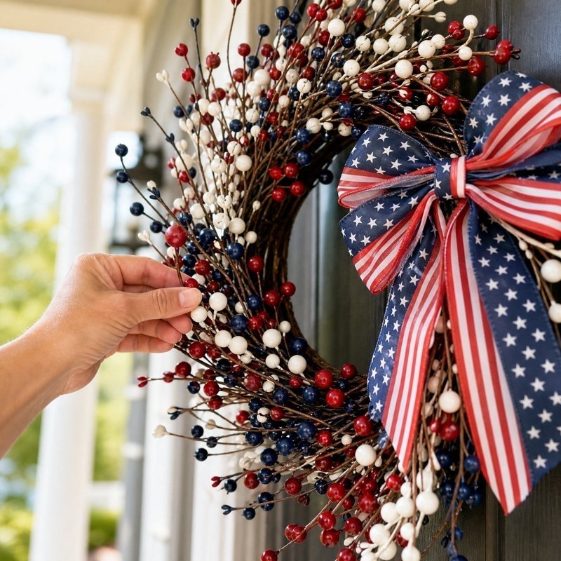 4th of July Wreath for Front Door - Patriotic Red, White & Blue Decoration - Variation 0B