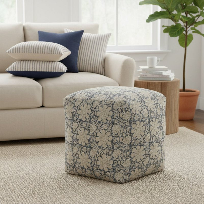 Medium Floral Indoor Square Pouf - Beige & Blue, 20x20x20 Inches - Handmade Geometric Design