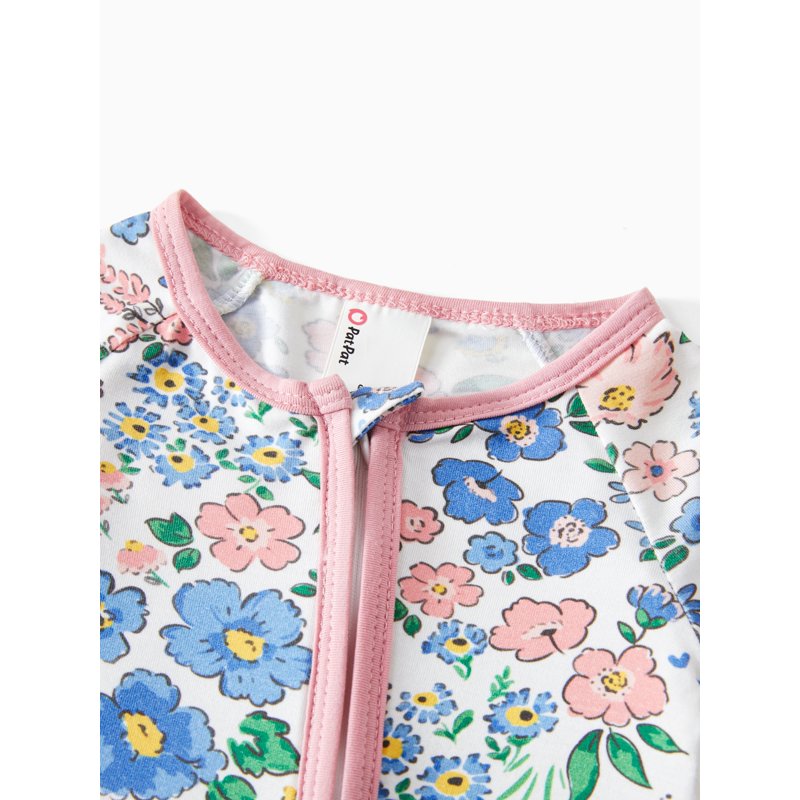 Pink Flower Baby Girl Pajamas - 3-6 Months Bamboo Viscose Snug Fit Footless Zipper Sleep N Play Gift