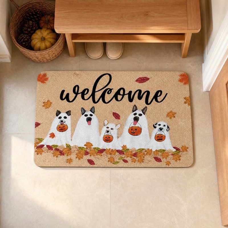 Halloween Ghost Dog Pumpkin Maple Leaf Welcome Doormat - Fall Entry Rug with Cute Dogs