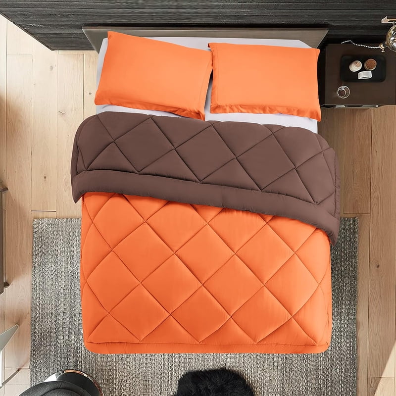 Twin Comforter Set with Shams - 3 Pieces Reversible Microfiber Bedding - Orange and Chocolate