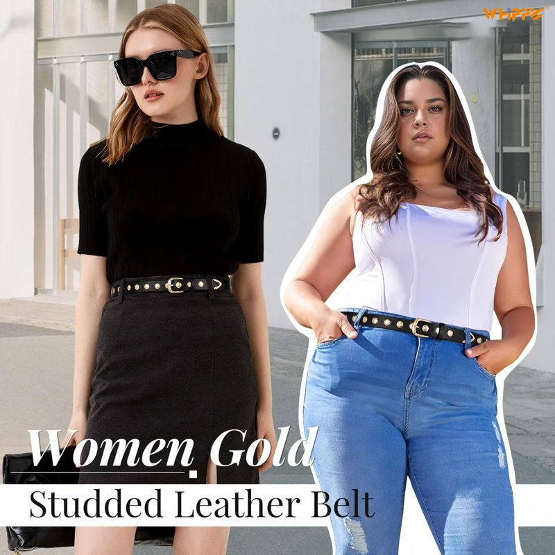 Women's Leather Studded Belt for Jeans Dresses Waist 32-36 Black