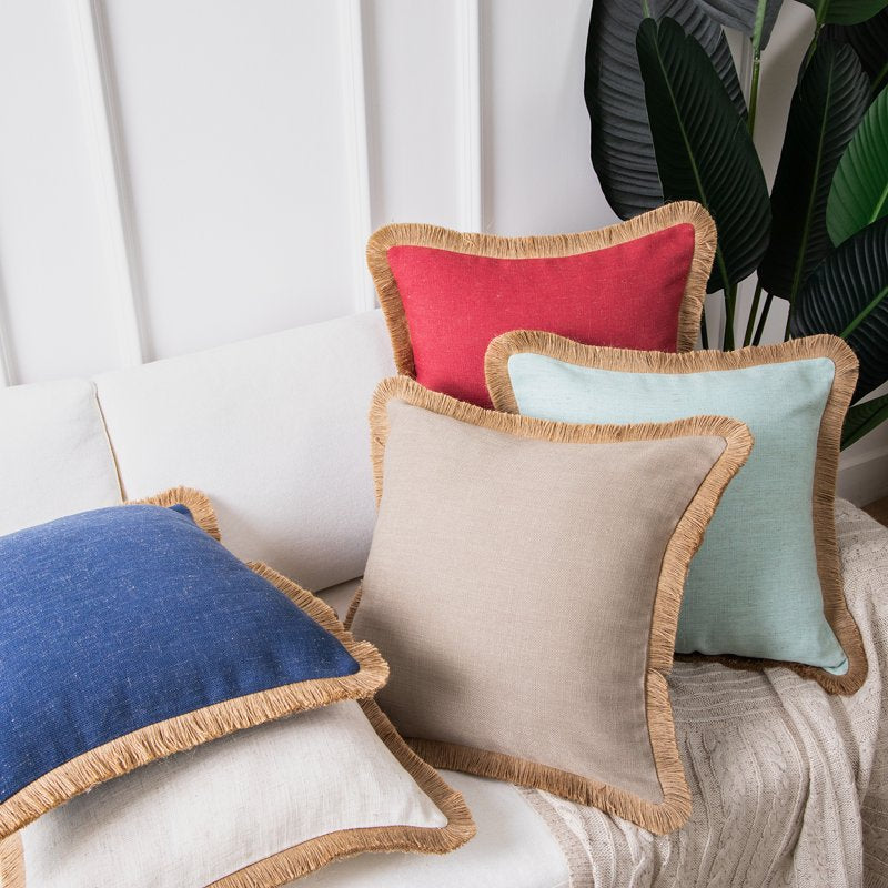 Farmhouse Linen Tassel Throw Pillow 18x18 Brown - 2 Pack