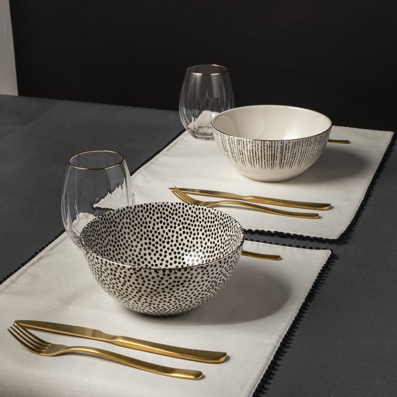 Large Stoneware Bowls Set - Assorted Dot & Stripe Designs