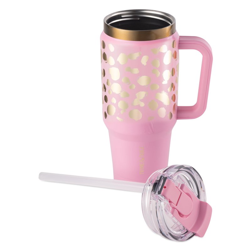 Stainless Steel 32oz Luna Tumbler with Handle and Dual Straw Lid - Pink & Gold Dots
