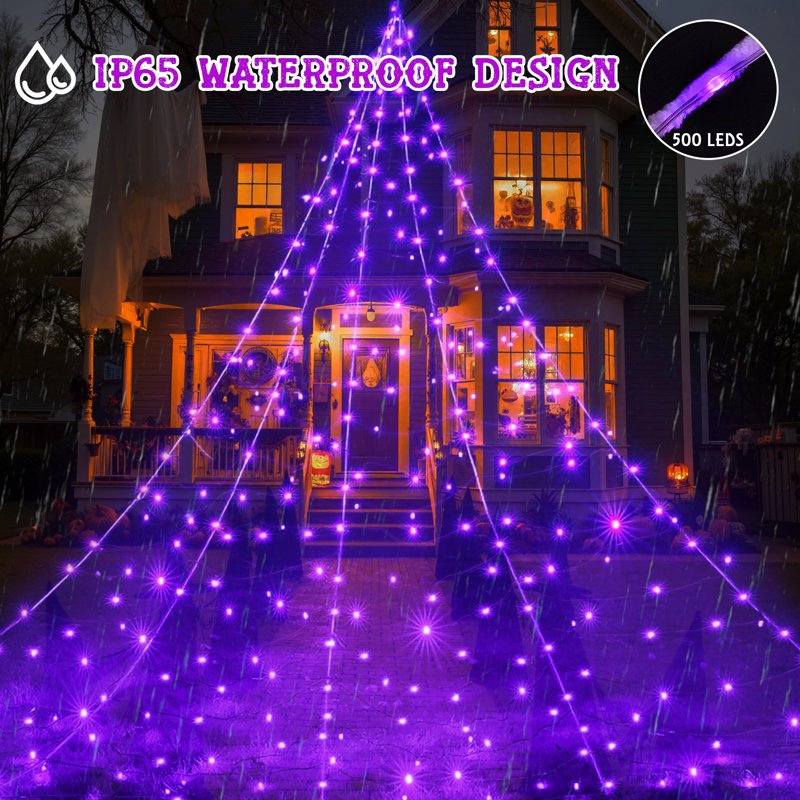 Purple LED Halloween Spider Web Lights Outdoor 16.4ft x 15.75ft with Remote & Hooks