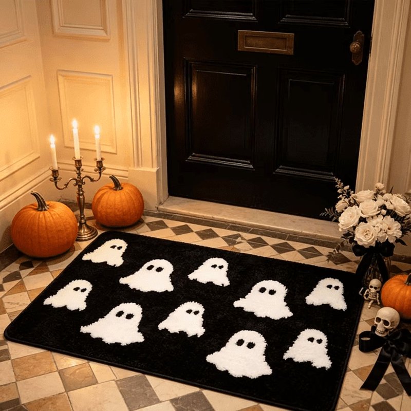 Halloween Ghost Bath Mat 23.6x15.7in Faux Fur Rug with Secure Grip Black Ghost