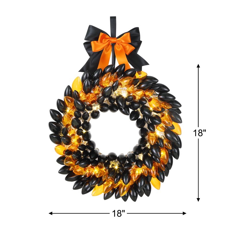 Halloween Decorative Wreath with Retro C9 Bulb Design - Black & Orange, Battery Operated