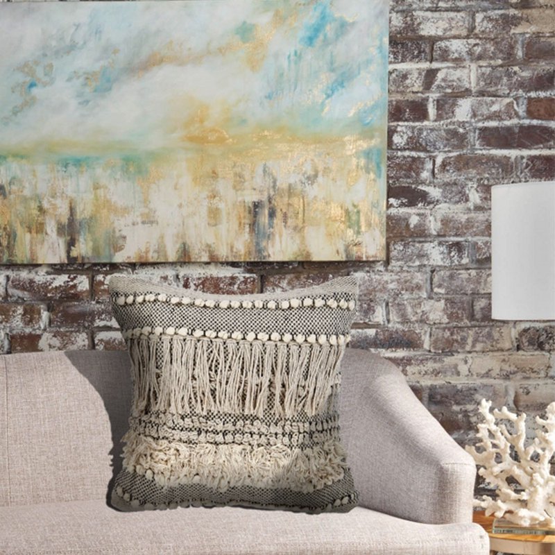 20x20 Natural Black Striped Cotton Fringed Throw Pillow - Decorative Accent