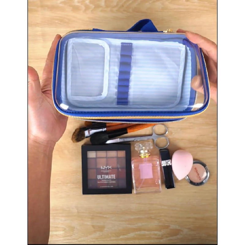 Large Hard Shell Travel Makeup Bag with Transparent Lid and Brush Holders