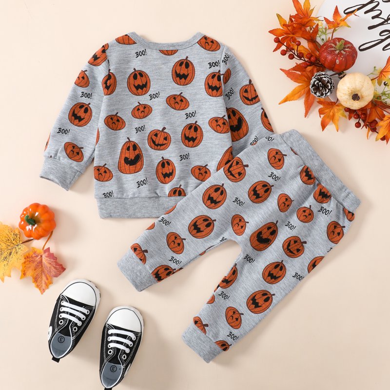 Gray Baby Halloween Clothes Set - Pumpkin Sweatshirt & Pants for 4-5T