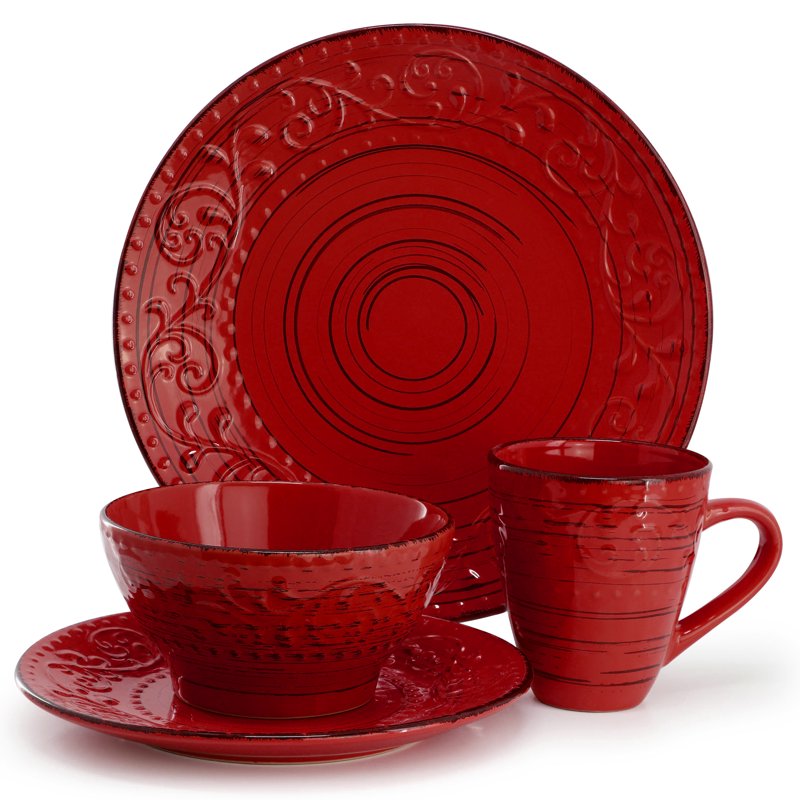 16-Piece Stoneware Dinnerware Set - Malibu Ocean Bloom Red