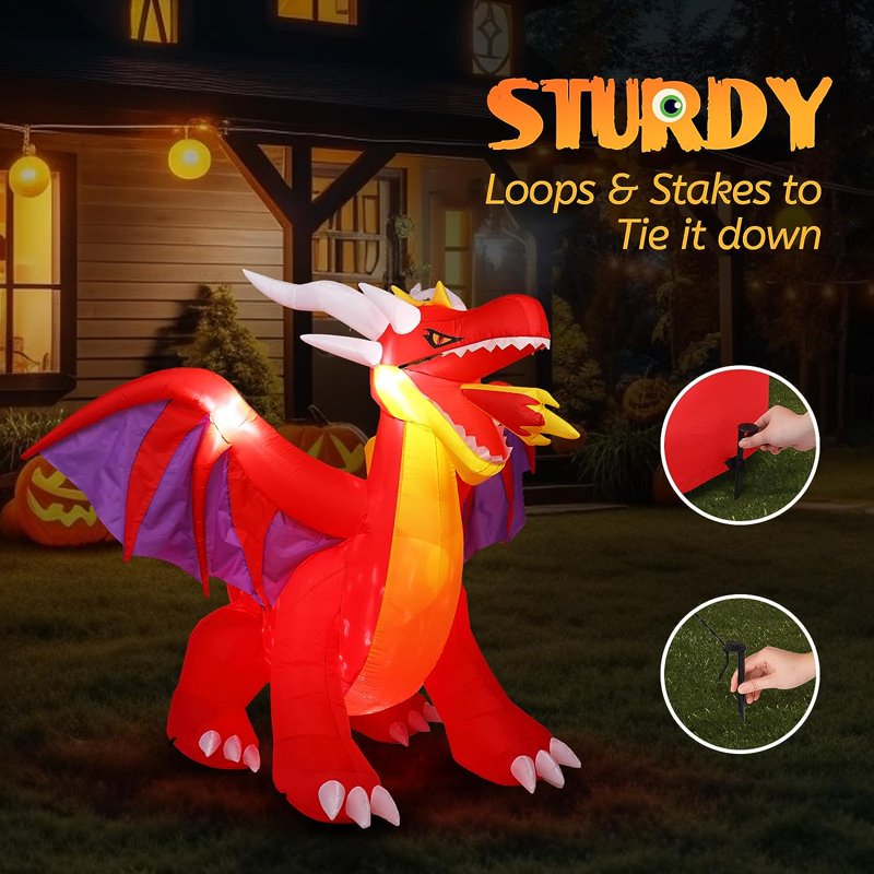 Tall Halloween Inflatable Dragon with LED Lights, Outdoor Yard Decoration