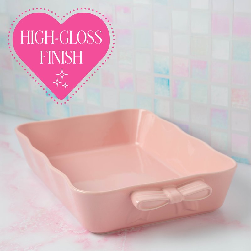 Ceramic Stoneware Lasagna Baker - 13 x 9 Inch, Pink with Bow Handles