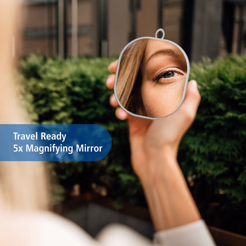 Rechargeable LED Vanity Mirror with 5x Magnification and Storage Tray