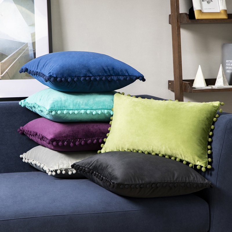12x20 Navy Blue Velvet Throw Pillow Set of 2 - Pom Pom Accent Decor