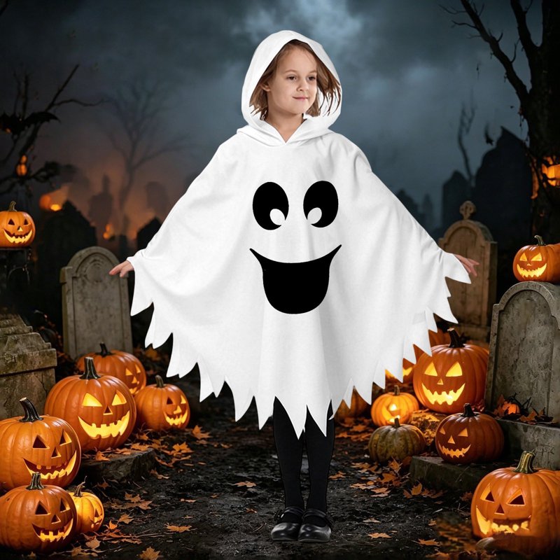 Kids Halloween Costume Ghost Face Cape - Unisex Hooded Dress Up, White, 7-9 Years
