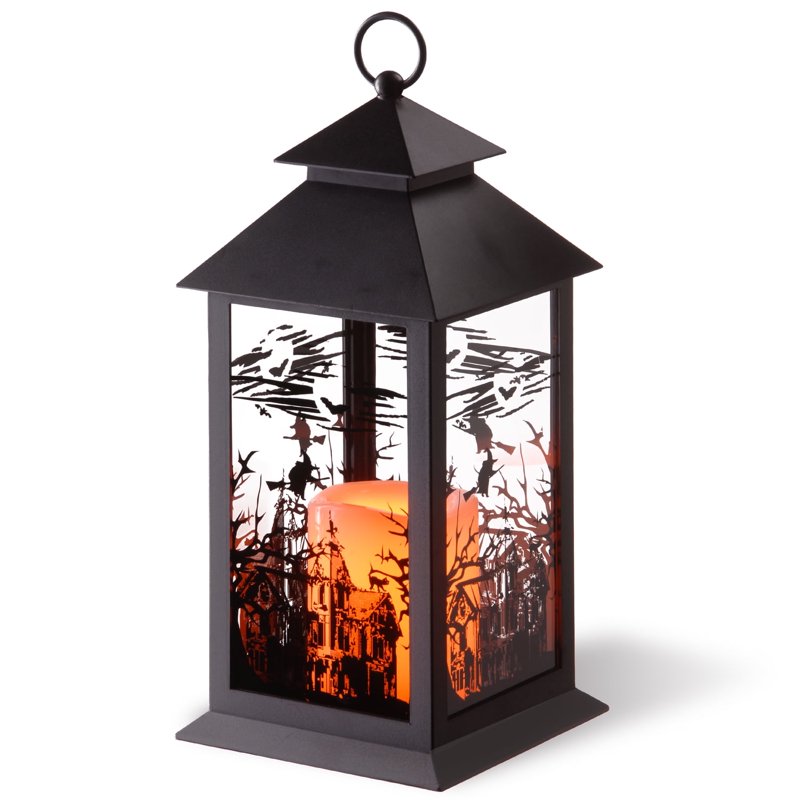 Halloween Lantern with LED Candle - Spooky Haunted House & Witch Carvings, 12 Inches