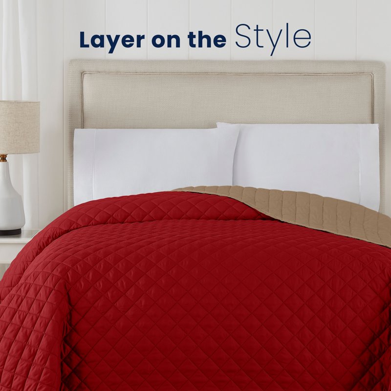 Reversible Microfiber King Coverlet - Khaki/Red Lightweight Bedding